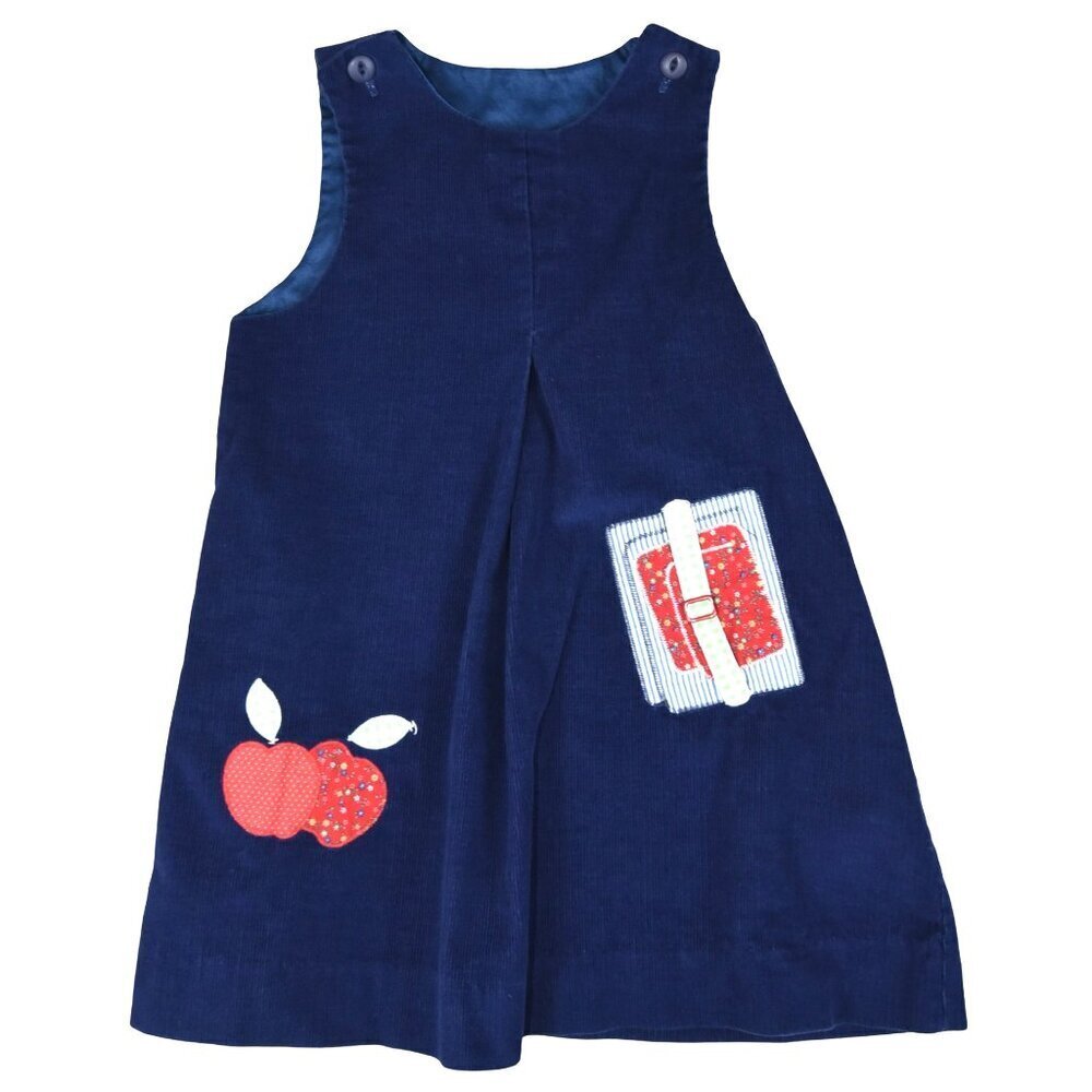 Vintage Corduroy Navy Girl's Dress Size 6x School Theme Books Apples Americana